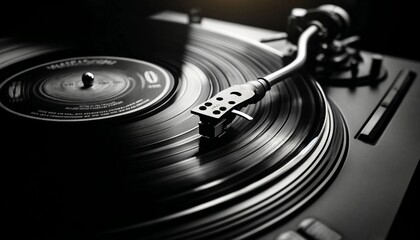 Black and White Close-up of a Spinning Vinyl Record on a Turntable