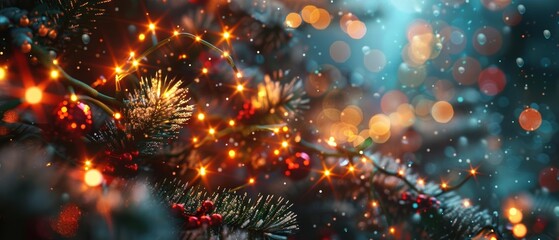 A beautiful close-up of Christmas lights shimmering on a festive tree, creating a warm and magical holiday atmosphere.