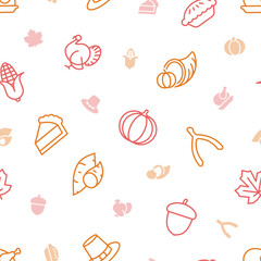 Red and orange thanksgiving line icons seamless pattern on transparent background