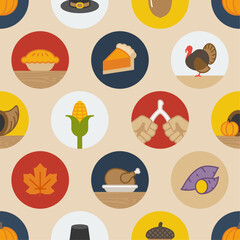 Colored seamless pattern of thanksgiving and autumn related circular icons