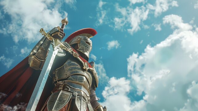 A valiant figure in armor boldly poses with his sword under a bright sky