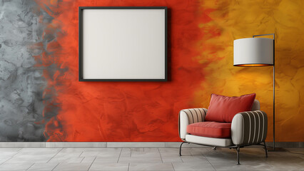  Square frame on a vibrant wall near luxurious armchair and contemporary lamp. mock up for elegant living room decor
