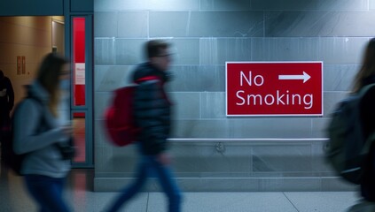 People Walking Past No Smoking Sign in Modern Indoor Setting