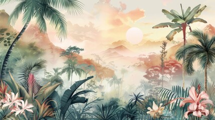 Tropical background. Exotic Wallpaper. Hand Drawn Design. Luxury Wall Mural. Sunset Landscape.