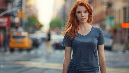 Fototapeta premium Redhead Woman in Casual Outfit Walking Through Busy Urban Street