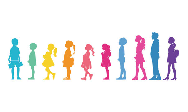 Children growth stages silhouettes colorful gradient. Boys girls standing line order toddlers teenagers isolated white background. Ages progression young kids adolescents various clothing