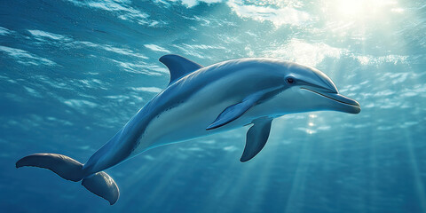 Oceanic Grace: A lone dolphin soars through the sparkling sea, its sleek body glistening in the sun