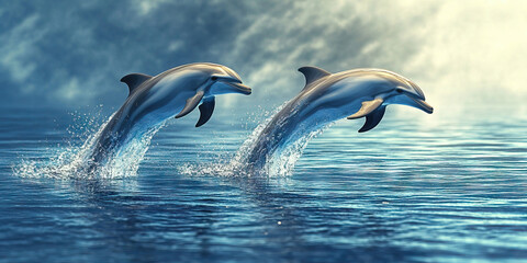Oceanic Grace: A lone dolphin soars through the sparkling sea, its sleek body glistening in the sun