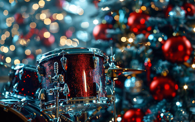 A festive drum set adorned with sparkling lights, placed against a decorated Christmas tree. Perfect for holiday celebrations.