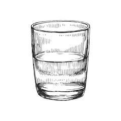 Vector hand-drawn vintage illustration of a glass of water in the style of an engraving. A sketch of a tumbler half filled with liquid
