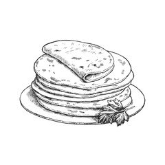 Vector hand-drawn illustration of fresh tortillas isolated on a white background. A sketch of a national Mexican dish in the style of an engraving.
