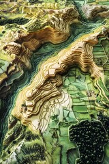 Fototapeta premium Detailed geographical representation of terraced hills and lush green fields in a mountainous area