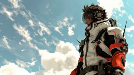 A stunning representation of a superhero standing tall under dramatic clouds