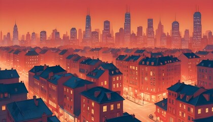 Illustration of a cityscape at sunset with a warm, orange sky. The scene is filled with buildings and streets, creating a sense of urban life.