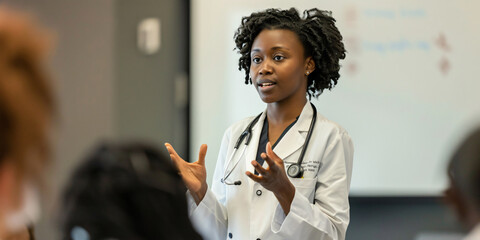 A female doctor in a white coat and stethoscope is giving a presentation in a classroom.. african woman