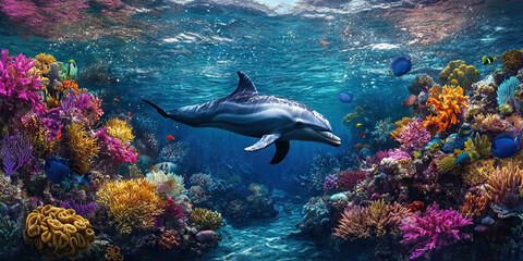 Naklejka premium Dolphin's Domain: A stunning underwater scene with dolphins swimming amongst colorful coral reefs