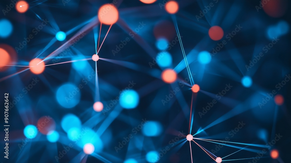 Poster abstract network of glowing red and blue nodes and lines.