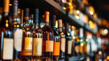 A variety of liquor bottles lined up on a bar shelf.