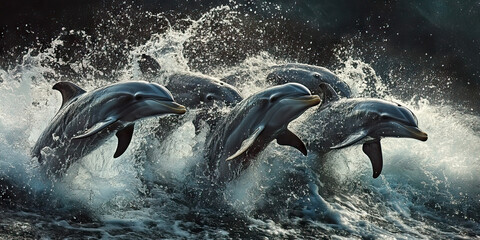 Obraz premium Flipper's Paradise: A pod of dolphins breaches the surface in unison, spraying water into the air