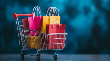Shopping cart with colorful bags under blue background.