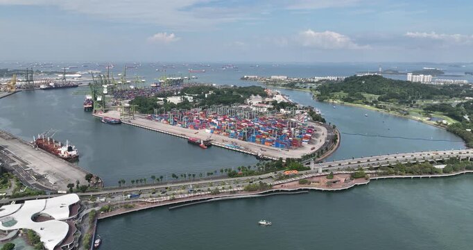 Container terminal on Brani island Singapore. Aerial drone video