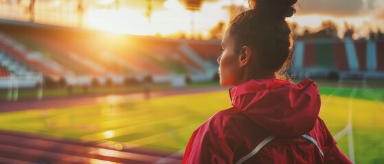 Female athlete in a sports jacket on a track at sunset. Free copy space for banner.