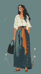 Fototapeta premium Minimalism illustration, portrait of a Middle Eastern woman, wearing a boho blouse with a long skirt and a large handbag, standing with her arms relaxed by her sides, empty copy space, boho woman 