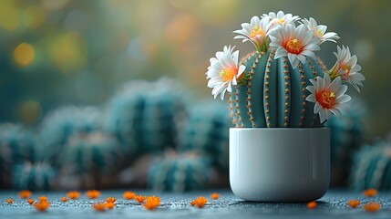 A small green cactus with blossom in a ceramic pot on a table / floor with green blurred background, suitable for copy space image.