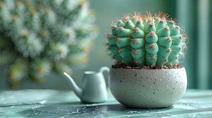 A small green cactus in a ceramic pot on a table / floor with green blurred background, suitable for copy space image.