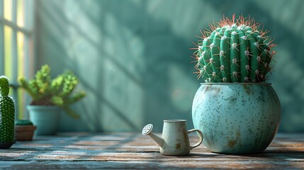 A small green cactus in a ceramic pot on a table / floor with green wall background, suitable for copy space image.