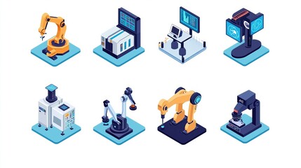 Isometric Icon Set of Industry 4.0 Technologies in Smart Manufacturing Plant