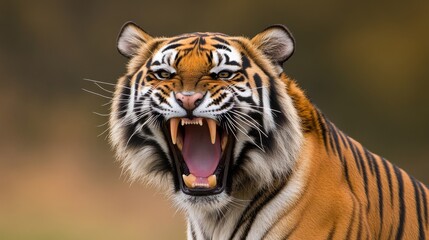 Fototapeta premium Fierce tiger roaring in the wild, showing sharp teeth.