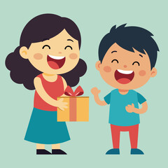 Cute sister funny expression receiving gift and brother laughing  vector art illustration