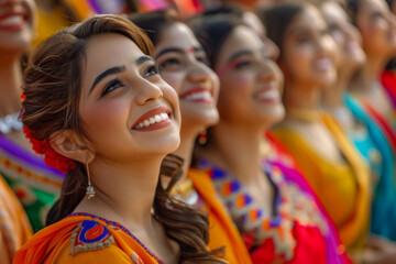 Fototapeta premium A group of young Indian women with smiling faces looking up