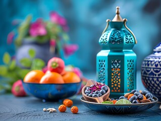Fototapeta premium Detailed view of Ramadan cultural expressions, including handcrafted decorations and traditional foods, reflecting the depth of Islamic heritage