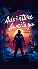 Obraz premium Adventure Awaits You colorful background and text (T-shirt Design Motivational Quote, Illustration ,Typography)