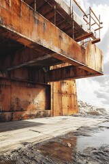 Fototapeta premium Rusty industrial structure overlooking a weathered landscape under soft, diffused light