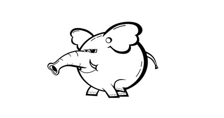 Cartoon whiteboard elephant black outline walking. Animated character black and white. Linear outline animation good for any material for kids, adverts, etc...
