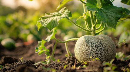Close up selective focus on growing cantaloupe plant