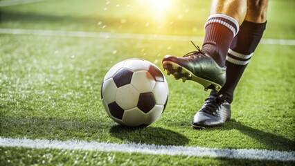Fototapeta premium Dynamic Close-Up Showing the Soccer Ball and Player's Foot Contact 
