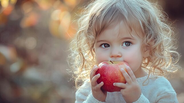 the child eats an apple. Selective focus