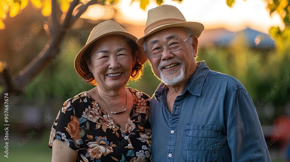 Poster Happy smiling asian mature senior couple posing together