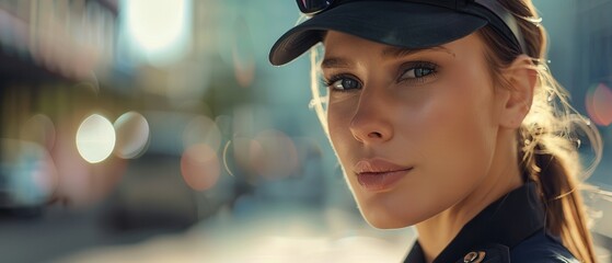 Woman police officer, close-up portrait with city lights. Free copy space for banner.
