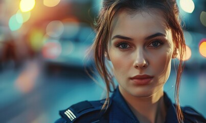 Woman police officer, close-up portrait with city lights. Free copy space for banner.