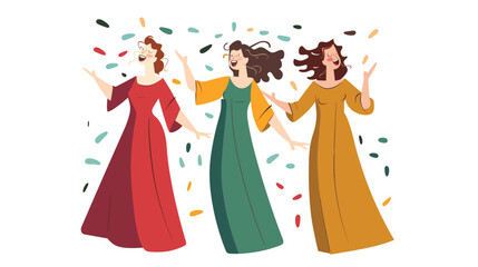 Three women, different ages, happy, wearing long dresses, celebrate isolated white background. Diverse ethnicity, emotions joy, medium length hair, costumes red, green, orange, confetti dance