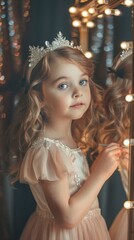 A little girl wearing a crown admires herself in a mirror surrounded by soft lights