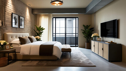 Cream beige color main bedroom model, Industrial Style