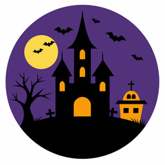 Spooky Halloween scene with haunted house, bats, full moon, jack-o'-lantern and bare tree.