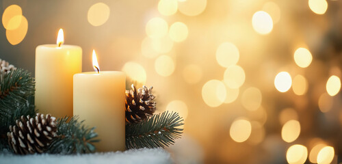 Decoration with candles on a light, plain background with space for an inscription. festive mood, Christmas.
