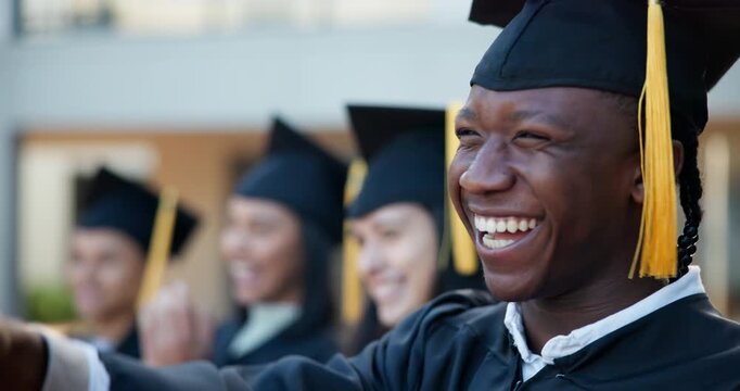 Happy man, applause and graduation with row at ceremony for education, qualification or milestone at campus. Group of people, graduate or class clapping with smile for congratulations or thank you